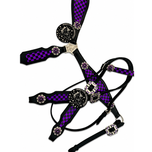 Ensemble de têtière et de collier de poitrail pour cheval Western en cuir noir, avec incrustation à carreaux violets et conchos en strass, confortable et durable - Product Image 4