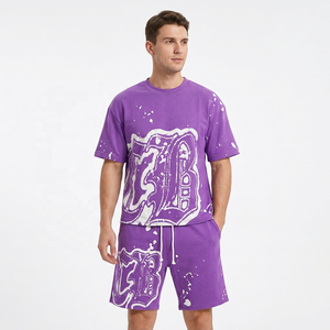 Purple Cotton Streetwear Set <b>T</b>-<b>Shirt</b> and Shorts with <b>White</b> Logo Print for Adults Unisex Summer Casual Wear - Product Image 5