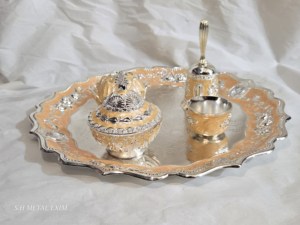 Ensemble de thali de luxe plaqué argent avec émail antique, plateau de service en métal décoratif, cadeau religieux pour la maison et les mariages - Product Image 5