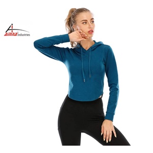 SizeCrop-Top corto con cordón para mujer, conjunto de Sudadera con capucha y manga larga para Fitness, venta al por mayor, Primavera - Product Image 1