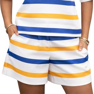 Ensemble court rayé Sigma Gamma Rho pour femmes, bleu, or, blanc, tenue deux pièces, t-shirt et short, style sororité grecque - Product Image 2