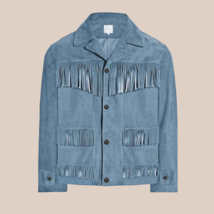 Men's Blue <b>Suede</b> <b>Leather</b> <b>Jacket</b> With Fringe Tassel Western Style Casual Outerwear Turn-down Collar Regular Fit Winter Wear - Product Image 1