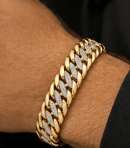 Bracelet gourmette en or jaune 18 carats avec accent diamant central, finition polie, chaîne épaisse et audacieuse, bijoux de luxe pour homme style hip-hop - Product Image 6