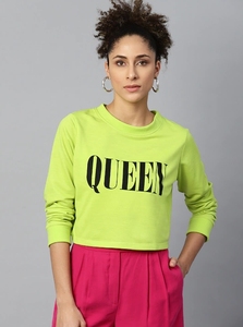 Sudadera de Cuello Redondo Verde Neón para Mujer con Estampado de Reina, Manga Larga, Informal, Transpirable, de Algodón Tejido, para Verano - Product Image 3