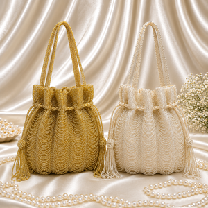 Sac Potli Perlé Doré et Argenté pour Femme, Pochette de Mariage et de Fête, Sac à Main Fait Main avec Cordon de Serrage, Ensemble de Sacs Ethniques pour Dames - Product Image 1