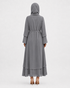 Robe Abaya Décontractée ODM Élégante et Modeste en Polyester avec Hijab Assorti, Ceinture, Design Superposé Fluide, Douce, Respirante, Antistatique, Longueur au Sol - Product Image 3