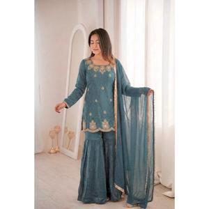 Ensemble Sharara Palazzo pour femme avec broderie, travail de sequins et travail de diamants Zarkan, tenue traditionnelle pour mariage et fête - Product Image 1