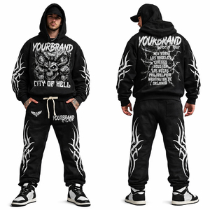Mens Black Gothic Skull Hoodie Tracksuit Set Custom Streetwear Jogger Set Acid Wash Graphic Hooded Sweatshirt & Pants - Product Image 1