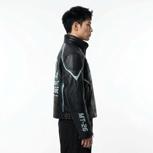 Chaqueta de Motociclista Personalizada para Hombre, con Gráficos, Cuello Alto, Estilo Automovilístico, de Cuero Genuino, Bordada, para Motociclismo - Product Image 3
