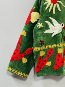 Green Suzani Velvet Embroidered Jacket With Floral And <b>Bird</b> Motifs Mandarin Collar Handmade Wool Winter Wear - Product Image 3