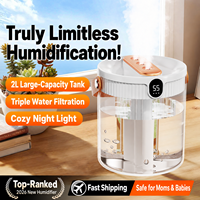 Nouvel humidificateur ultrasonique à double pulvérisation 2L, USB, grande capacité, usage industriel, hôtel, silencieux, chambre, bureau, veilleuse numérique