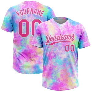 Venta al por mayor directa de la industria: Jersey de sóftbol unisex con dos botones, degradado de acuarela 3D rosa-blanco, el más vendido, personalizado con efecto Tie Dye. - Product Image 1