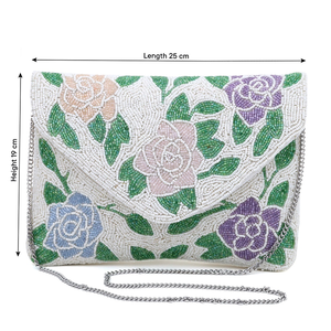Bolso de mano ligero hecho a mano FAIZA CRAFT con cuentas, tipo sobre rectangular, con patrón floral, correa de cadena plateada y bordados. - Product Image 4