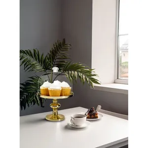 Luxury Gold Metal Cake Stand Round Pedestal Dessert Display with Glass Dome for Home Bakery Use - Product Image 1