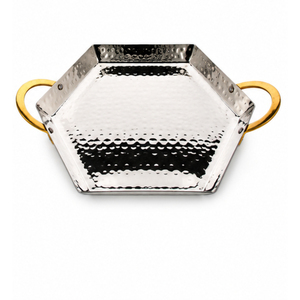 Bandeja Decorativa Hexagonal de Acero Inoxidable Martillado al por Mayor con Asas de Latón Dorado, Centro de Mesa Moderno para Cafetería - Product Image 1
