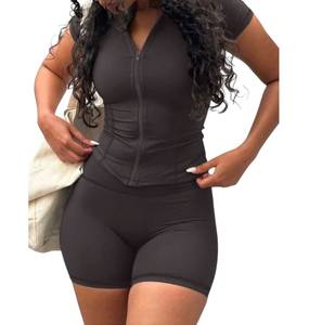Women Solid Color Bodycon Fitness Short Sleeve V Neck Zip Front Activewear <b>Set</b> Eco-Friendly Skinny Fit Seamless Knitted Spandex - Product Image 1