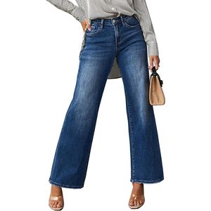 2025 2024, pantalones vaqueros holgados de moda para mujer, pantalones de mezclilla elásticos transpirables de cintura alta con ajuste ajustado de pierna ancha - Product Image 1