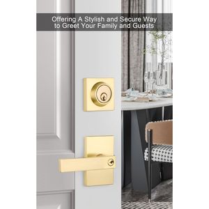 Set Serratura Esterna Dorata per Porta, Maniglia Quadrata Contemporanea in Lega di Zinco Resistente con Serratura a Catenaccio per Porta d'Ingresso - Product Image 2