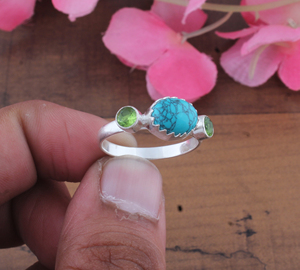 925 Sterling Silver Bezel <b>Set</b> Oval Turquoise Three Stone <b>Ring</b> Handcrafted Classic Gemstone Jewelry for <b>Men</b> Women Unisex - Product Image 2