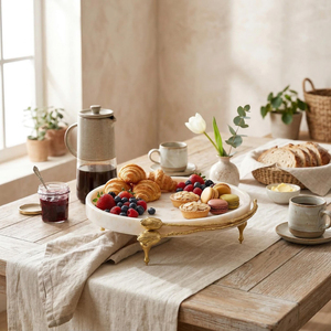 White Marble Serving <b>Tray</b> Decorative Pedestal <b>Tea</b> <b>Tray</b> with Leaf Design Handle for Afternoon <b>Tea</b> Table Decor Round Shape <b>Tray</b> - Product Image 6