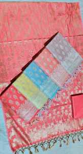 Tissu Jacquard Brocart en Soie Pure Banarasi Brodé Imprimé au Bloc avec Pompons, Poids Moyen, pour Saree, Costume et Tenues de Mariage - Product Image 2