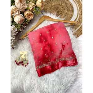 SECUENCIA DE VISCOSA DE DISEÑADOR CON SHIBORI WORK SAREE CON BLUSA DESCOSADA ROJA - Product Image 1