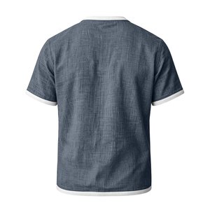 T-shirt à manches courtes en coton et lin respirant et écologique pour homme, avec bordure contrastée, poche poitrine, coupe classique, style décontracté - Product Image 2