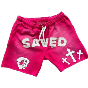 Shorts en jean rose coupe boyfriend avec appliques lion et croix, en tissu tricoté, taille à cordon, décontracté, pour l'été et l'hiver - Product Image 1