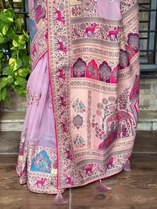 Sari en organza de soie pure avec tissage Zari, jacquard Minakari, richement orné, bordure en dentelle Zari, idéal pour les fêtes - Product Image 4