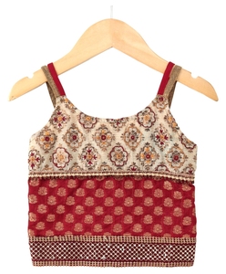 Haut sans manches en brocart tissé Twisha orné de motifs avec Lehenga imprimé - Marron et Vert - Product Image 4