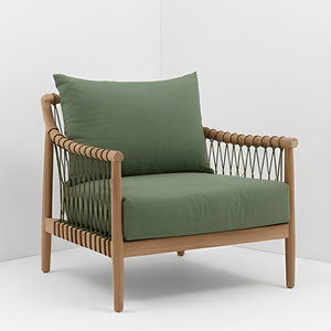 Fauteuil de salon d'extérieur Japandi avec structure en teck massif et accoudoirs en corde tressée, idéal pour les resorts, vérandas et terrasses, avec coussins vert olive - Product Image 4