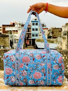 Women's Blue Floral Printed Weekender <b>Duffel</b> <b>Bag</b> with Striped Handles Large Capacity Travel Tote Zipper Closure Textile Material - Product Image 2