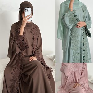Abaya marron en dentelle brodée, robe musulmane à manches longues, robe traditionnelle pour tous les jours - Product Image 5