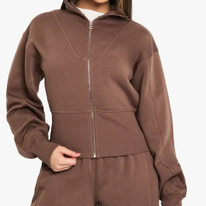 Women Brown <b>Zip</b>-<b>Up</b> Hoodie Full Sleeve Solid Knitted Stand Collar Short Length Autumn Wear - Product Image 1