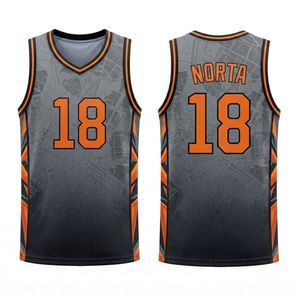 Camiseta de Baloncesto Gris Oscuro con Patrón de Cuadrícula, Paneles Laterales Naranjas Sublimados, Malla Transpirable, Ropa de Entrenamiento para Equipos - Product Image 5