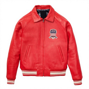 Blouson bomber Avirex rouge en cuir véritable imperméable à col montant avec logo sur le devant pour l'hiver - Product Image 1