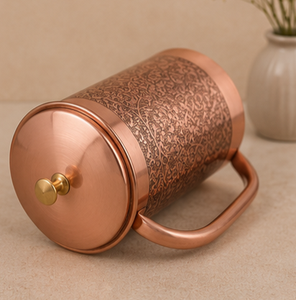 Pichet à eau en cuivre artisanal avec motif floral gravé, design traditionnel, grande capacité, usage domestique, antique, indien, ayurvédique - Product Image 2