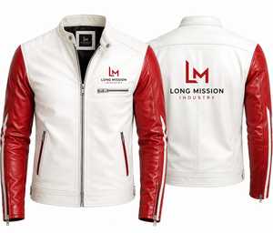 Chaqueta de Moto para Hombre LONG MISSION INDUSTRY, Blanca y Roja, de Cuero, con Calefacción, para Invierno, Cuello Mao, Cierre de Cremallera, Corte Ajustado, Largo Regular - Product Image 6