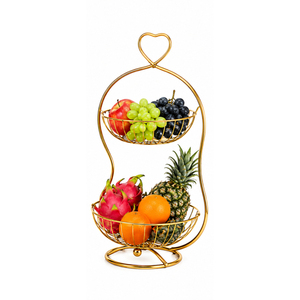 Corbeille à fruits à 2 niveaux en fer doré au design moderne pour comptoir de cuisine, panier décoratif en fil métallique pour fruits et légumes - Product Image 3