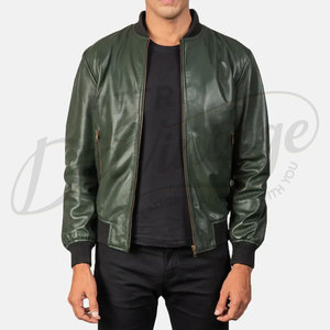 Men Dark Green Genuine <b>Leather</b> Bomber <b>Jacket</b> Slim Fit Casual Outerwear with Ribbed Trim and Zippered Side Pockets - Product Image 1