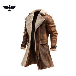 Veste de moto en cuir véritable pour homme, style vintage, col montant, doublure en sherpa, coupe-vent, vêtement d'hiver, fermeture éclair sur le devant - Product Image 3