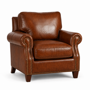 Fauteuil vintage en cuir véritable marron cognac avec accoudoirs roulés, garniture cloutée et pieds en bois - Product Image 1