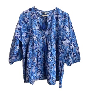 Casual Floral Block Print Cotton Maxi Dress Summer Tunic <b>Top</b> with Deep Neck <b>String</b> Closer Tank Sleeves Hand Embroidered - Product Image 1