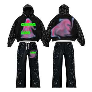 Conjunto de 2 piezas de sudadera y pantalones acampanados vintage de felpa francesa con pedrería, personalizado, de gran tamaño, con efecto lavado ácido. - Product Image 1