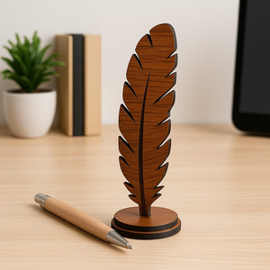 Support à stylos décoratif en forme de plume en bois avec stylo en bois pour bureau, maison - Product Image 3