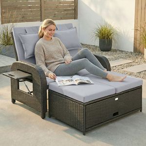 Divano Letto in Rattan Grigio per Esterni con Pouf Contenitore, Mobili da Giardino in Vimini con Schienale Regolabile e Tavolini Laterali - Product Image 2
