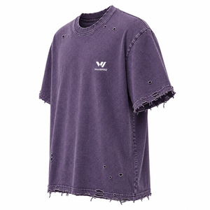 T-shirt en coton surdimensionné pour homme Warpro, manches courtes, style streetwear, design délavé, col rond, couleur unie, violet - Product Image 3