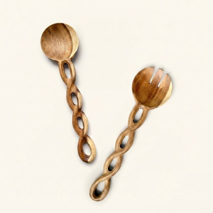 Luxury Handcrafted Acacia Wood Salad Server Set Eco-Friendly Twisted Handle Serving Spoon and Fork Wooden Tongs for Home - Product Image 4