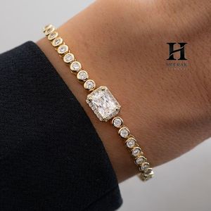 18K Gold Bezel-Set Tennis <b>Bracelet</b> with Emerald-Cut Halo Station – Elegant Gold Diamond <b>Bracelet</b> - Product Image 1