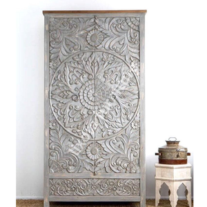Luxury Handcrafted Solid Wood 2 Door <b>Wardrobe</b> Ornate Mandala Floral Carving Distressed Grey Armoire - Product Image 3